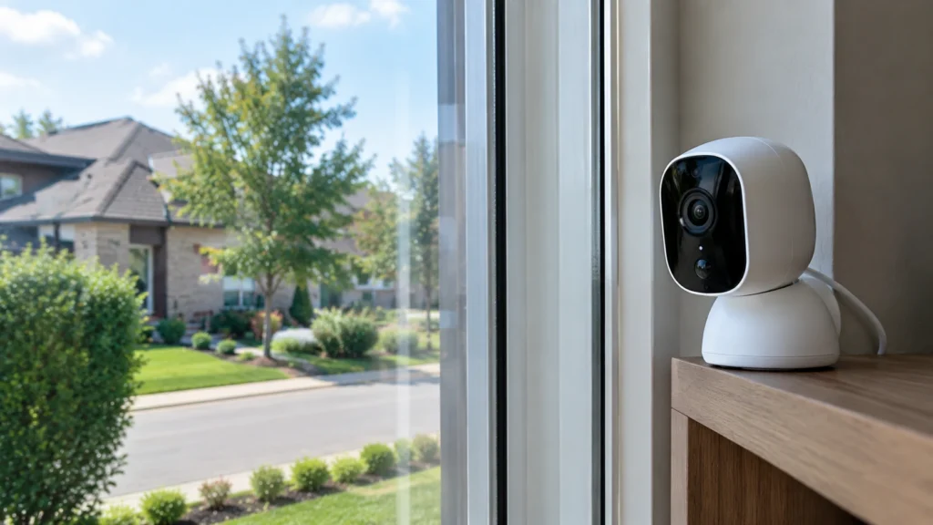 White indoor security camera placed on a wooden shelf beside a window overlooking a residential street.