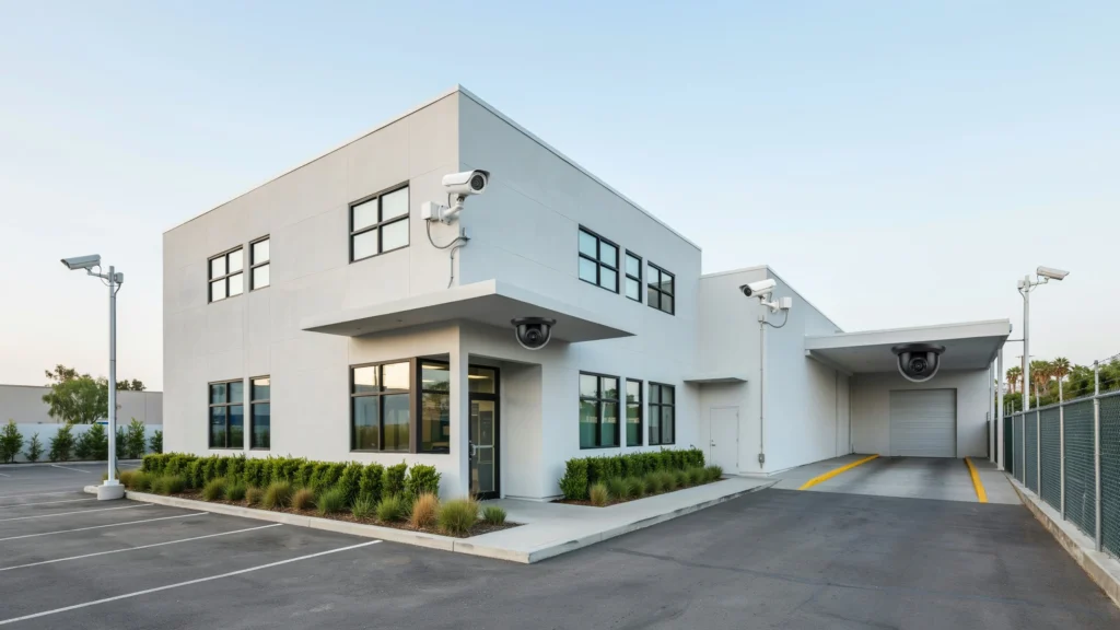 Modern white two-story office building with CCTV bullet and dome cameras, a side glass entrance, landscaped shrubs and grasses, and a covered loading dock with a roll-up door.
