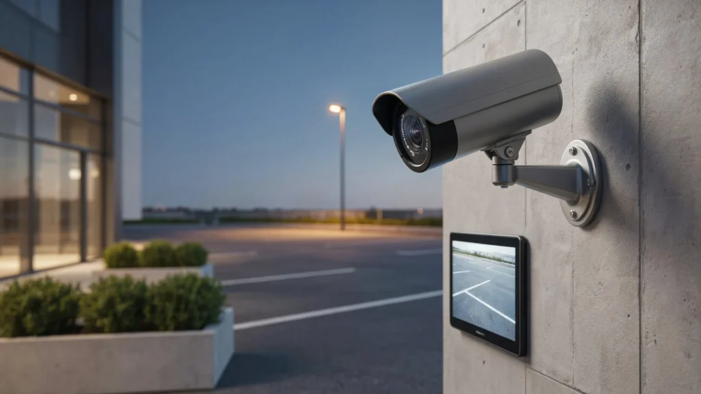 Silver outdoor CCTV camera on a concrete wall at twilight overlooking an empty parking lot, with a small monitor beneath it showing a clean, noise-free night view.