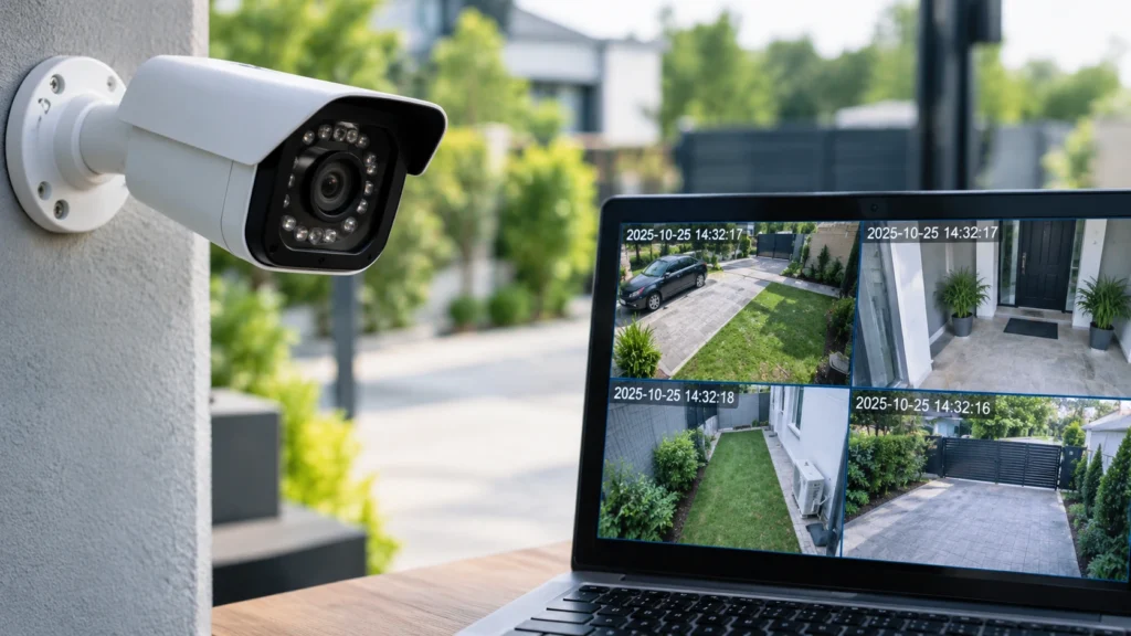 Outdoor security camera beside a laptop displaying multiple CCTV recordings with timestamps.