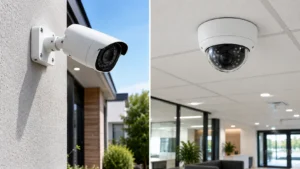 White bullet security camera on an exterior wall beside a white dome camera on an indoor office ceiling.