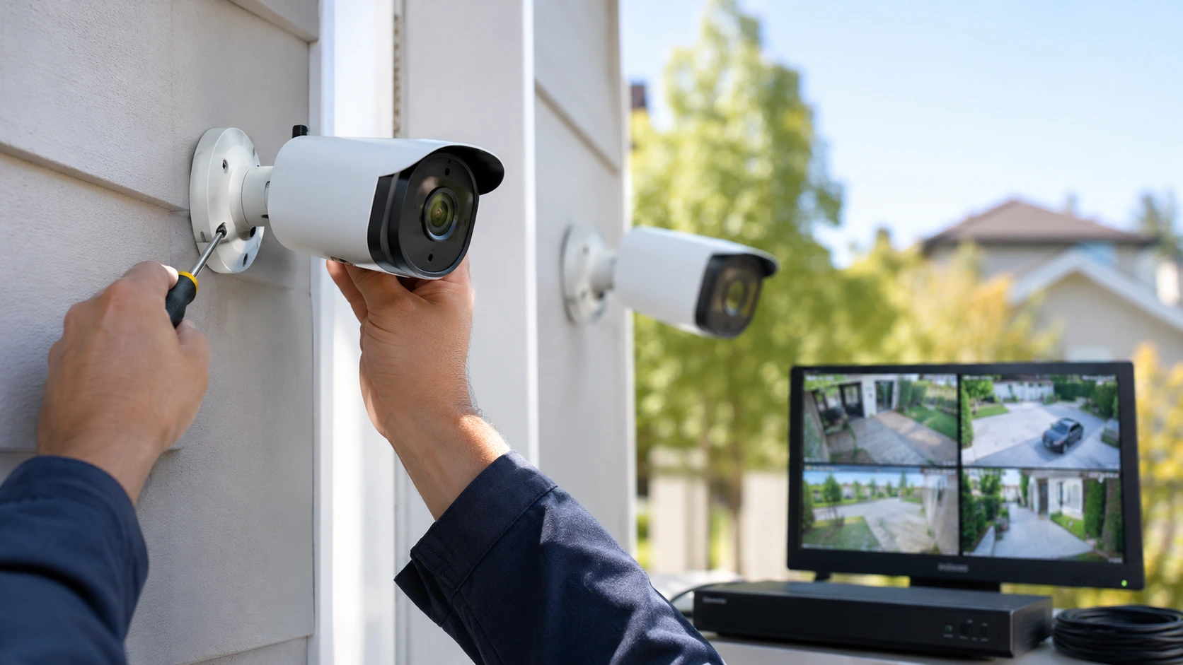 Technician checking an existing outdoor security camera during a home surveillance system upgrade.