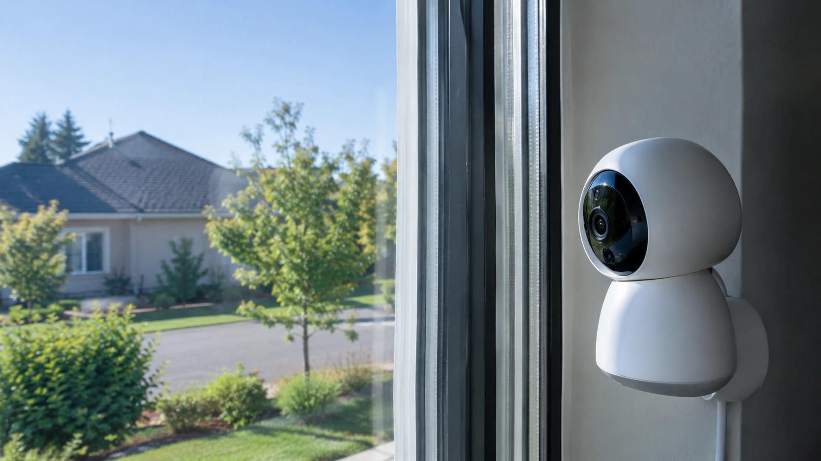 Indoor security camera positioned beside a window overlooking a suburban home and yard.