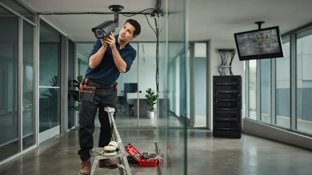 Technician on a stepladder installing a bullet security camera on the ceiling of a modern glass-walled office.