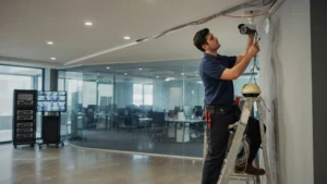 Technician on a ladder connecting cables to a new security camera on a wall bracket, with an old dome camera on the ladder.