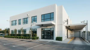 Two-story white commercial building with a glass double-door entrance, black-framed windows, bullet and dome security cameras, and a covered loading bay beside an empty parking lot.