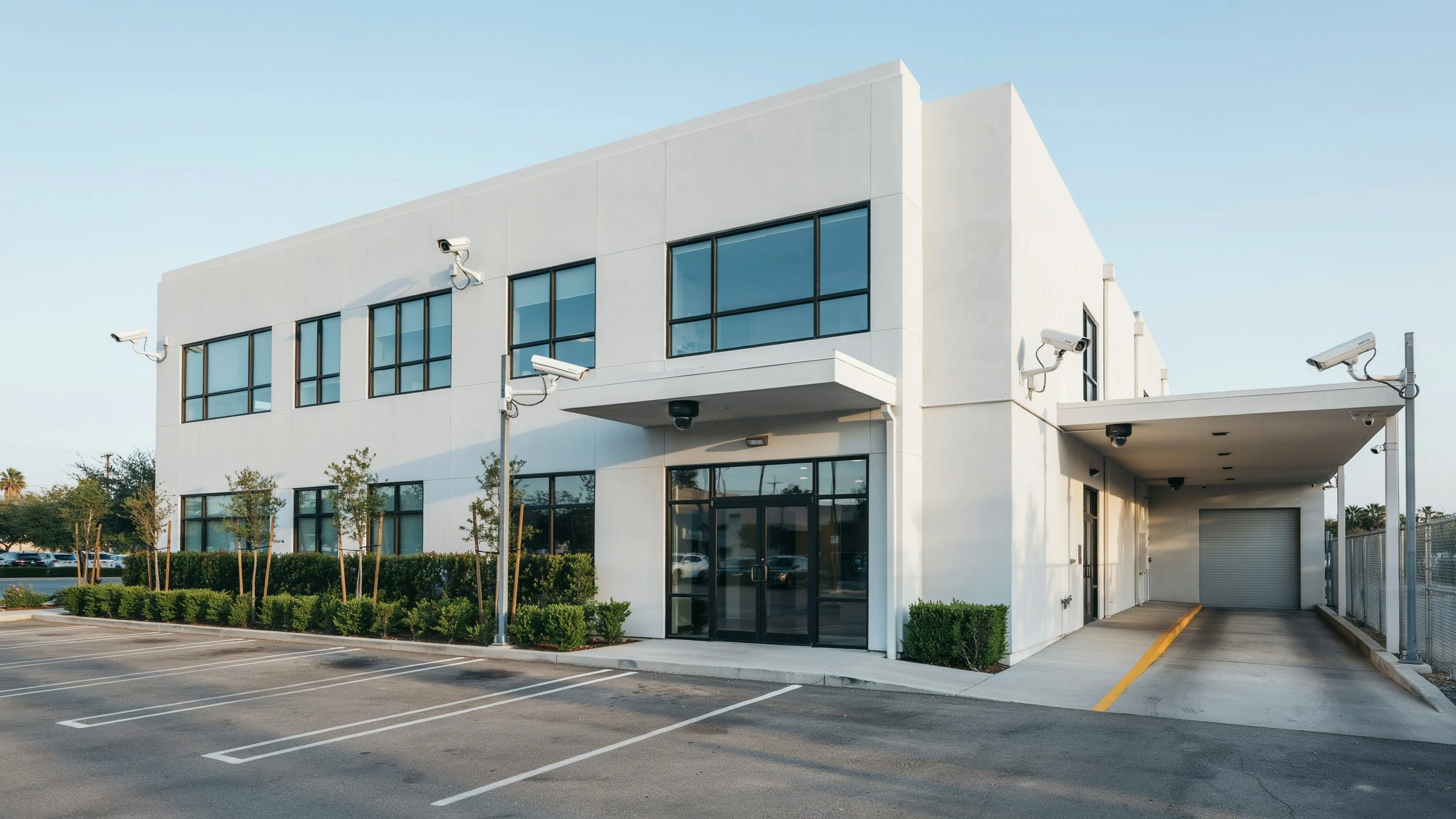 Two-story white commercial building with a glass double-door entrance, black-framed windows, bullet and dome security cameras, and a covered loading bay beside an empty parking lot.